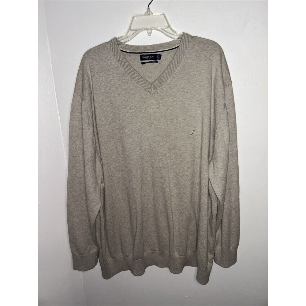 Nautica Sweater Mens 4XLarge Beige Luxury Performance‎ Cotton V Neck Pullover